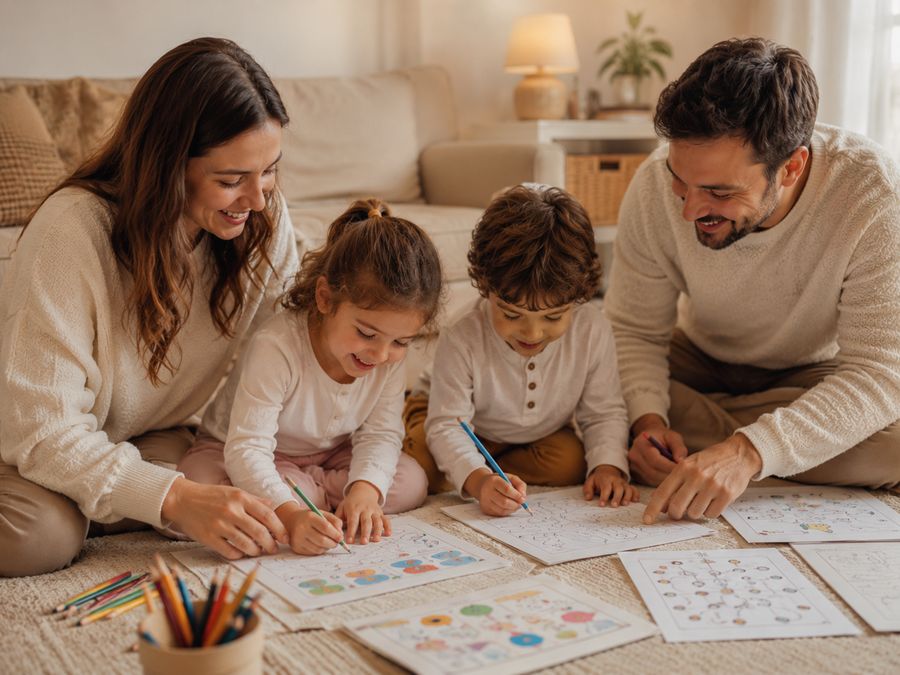 Familia haciendo actividades imprimibles juntos, lejos de las pantallas